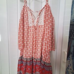 Boho Off Shoulder Tiered Maxi Dress in Orange and White